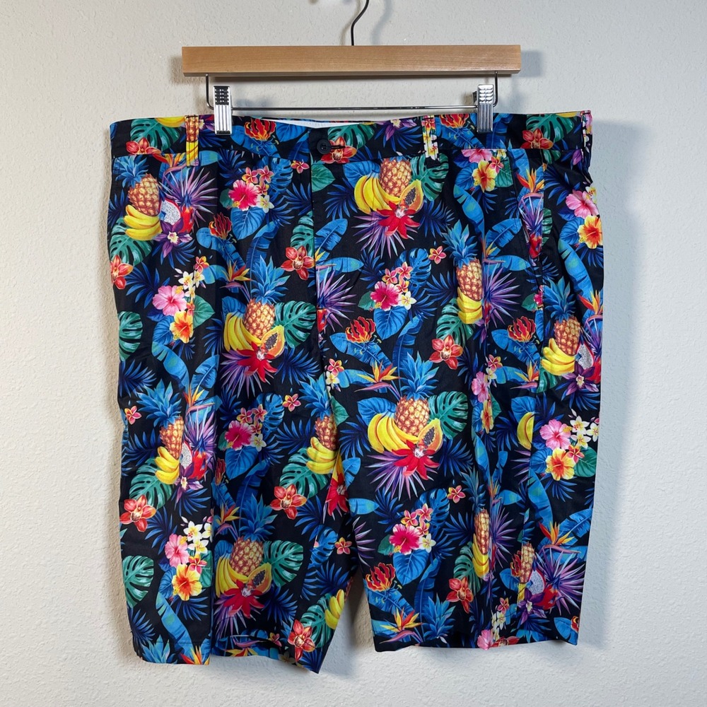 Hreski Tropical Fruit Floral Shorts Mens 40 Black Pineapple Hibiscus Hawaiian